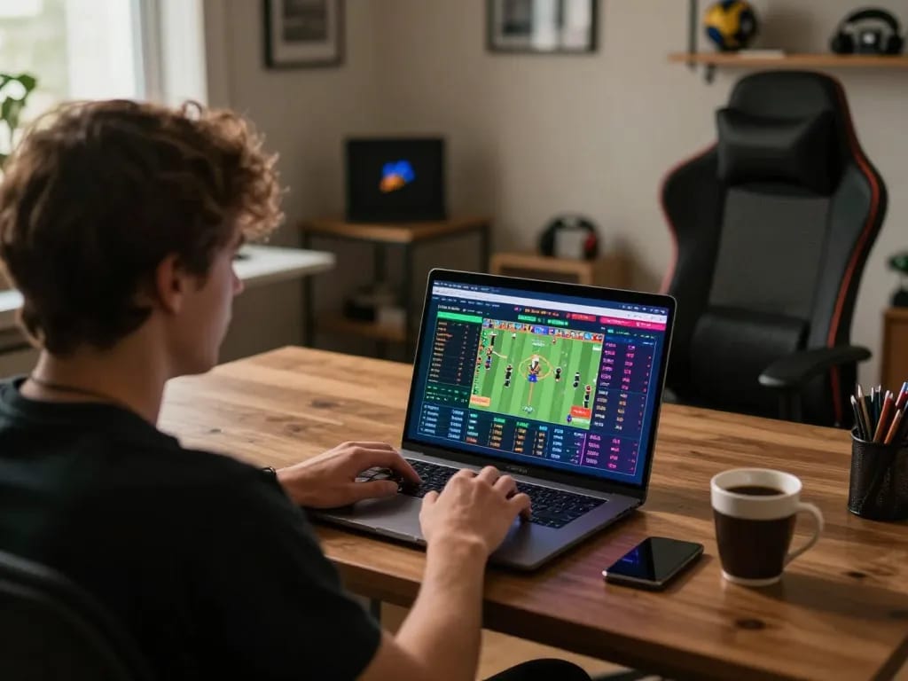 Bong88 user placing a sports bet on a laptop in a cozy home setup with engaging odds displayed