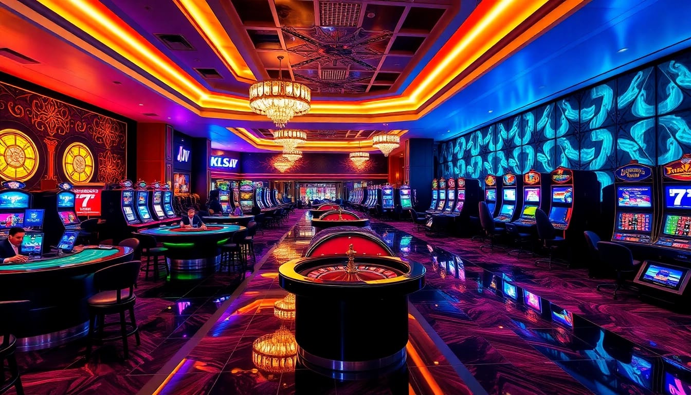 KJC casino scene showcasing thrilling gameplay at poker tables and bright slot machines.