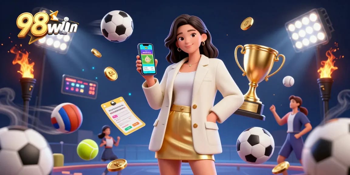 Engage in sports betting excitement with 98win, featuring an attractive player and dynamic game elements.