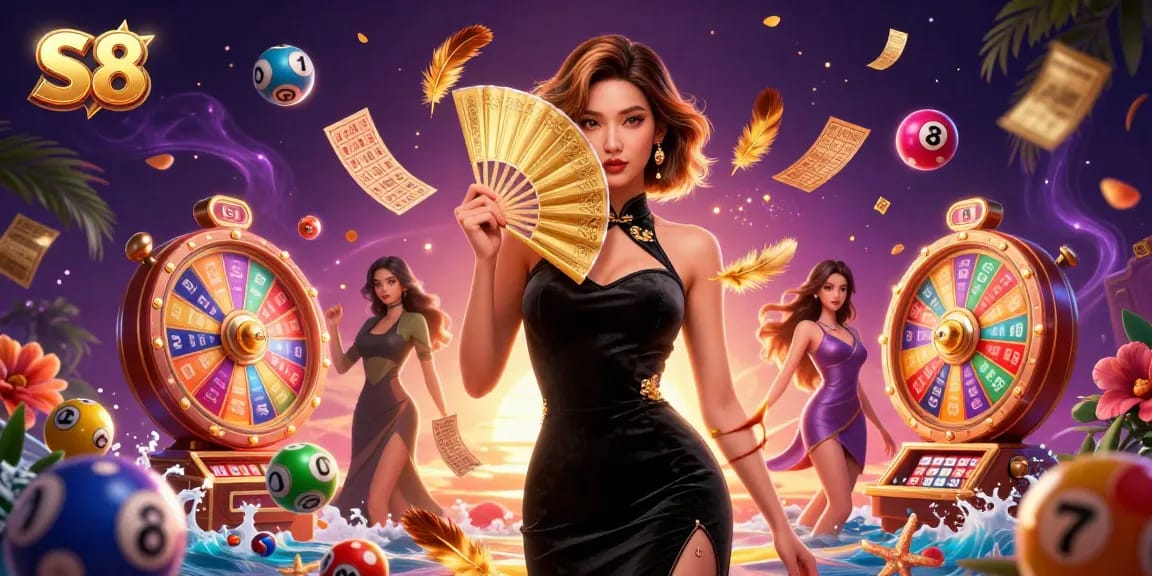 S8 casino promotion showcases a stunning Asian woman surrounded by colorful lottery elements.