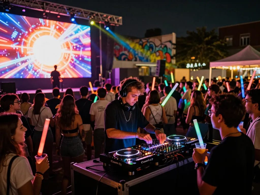 Dynamic electronic music festival scene with DJ at 8Day event, vibrant lights and excited crowd