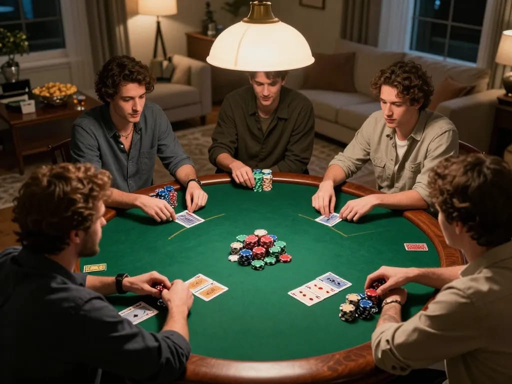 B52club players engage in a friendly poker game with tension and excitement at a home setting.