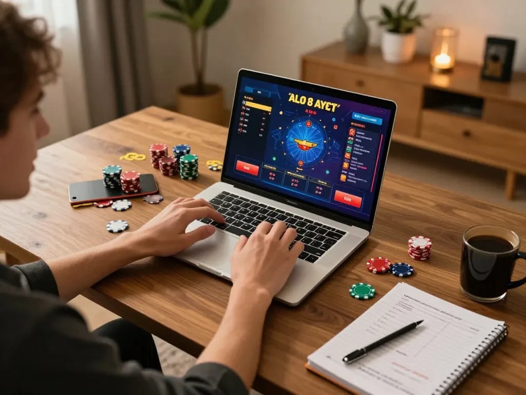Player enjoying ALO8 casino games at home with engaging laptop interface and betting notes