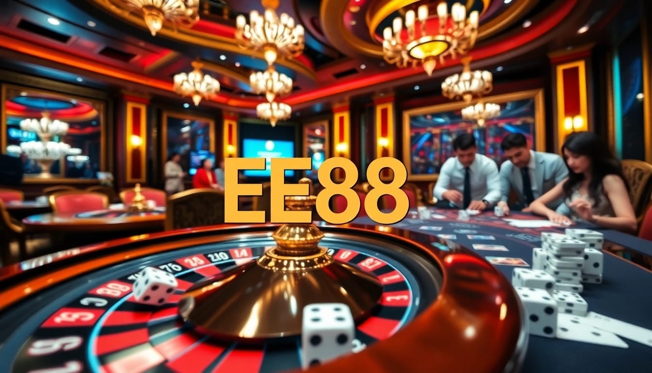 EE88 casino scene with vibrant roulette wheel and excited players placing bets.