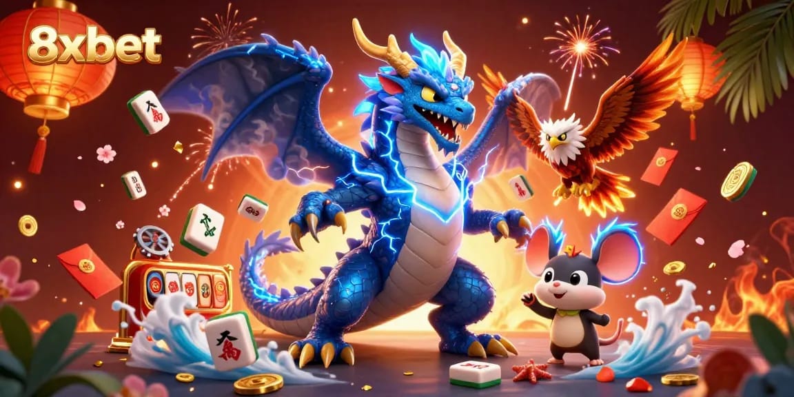 Experience thrilling wins at 8xbet with dynamic gaming characters and casino elements in a vibrant illustration.