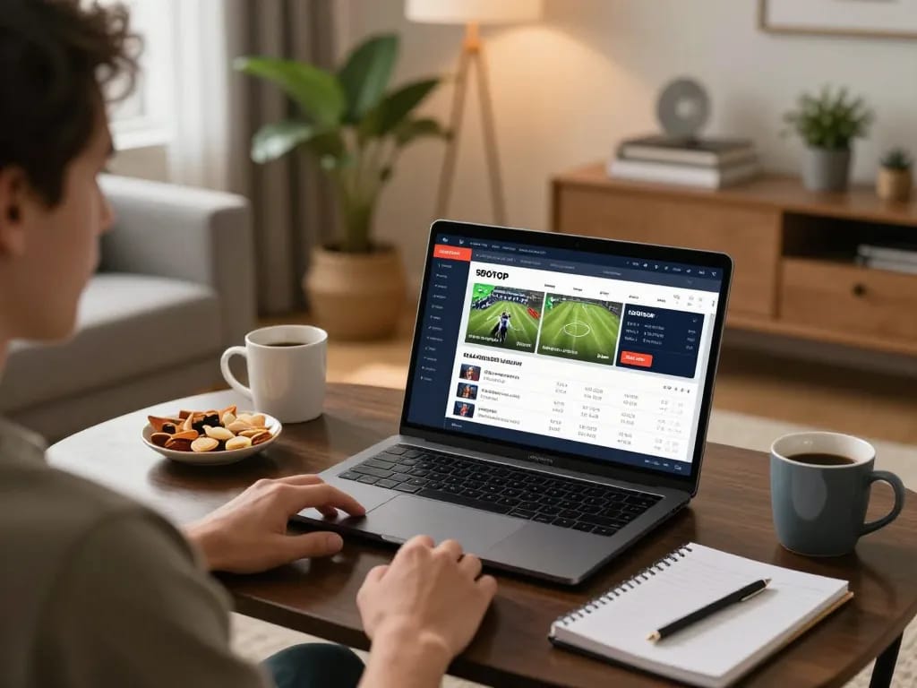 Sbotop user placing bets on laptop with sports interface visible, showcasing online betting strategies in cozy setting
