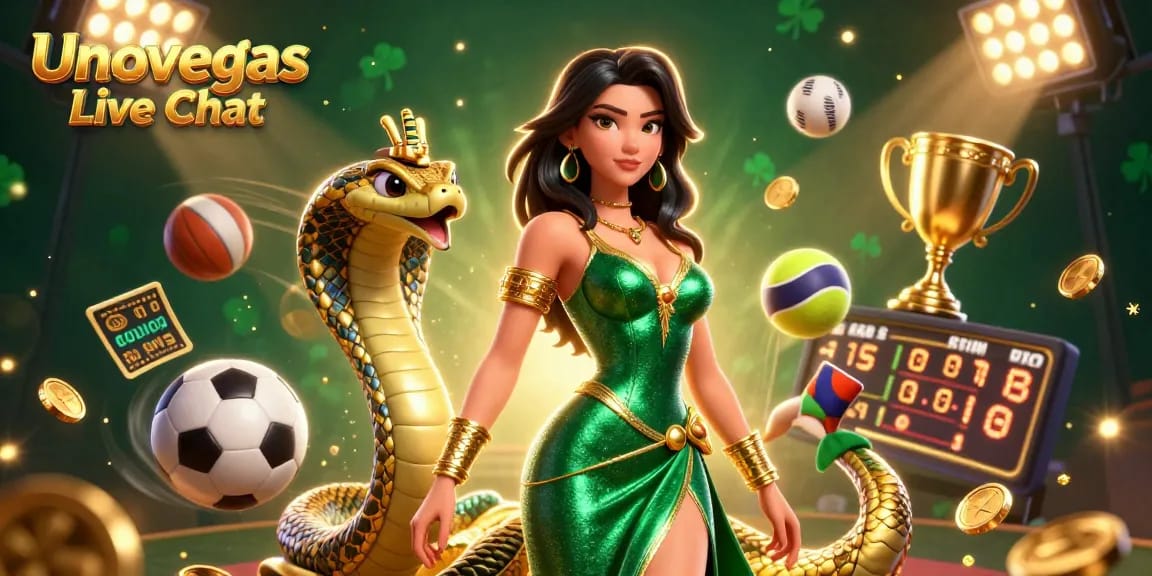 Engage with the vibrant Unovegas Live Chat featuring a dazzling casino scene with dynamic game elements.