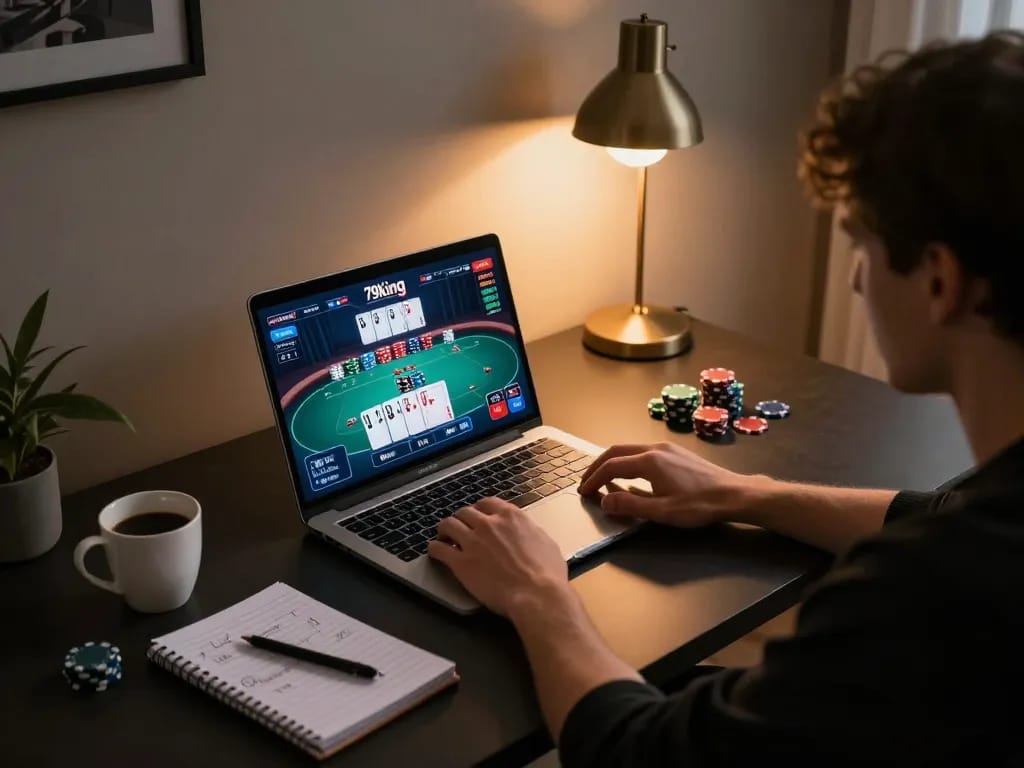 Engaging online poker game in action on 79king with player focused on laptop