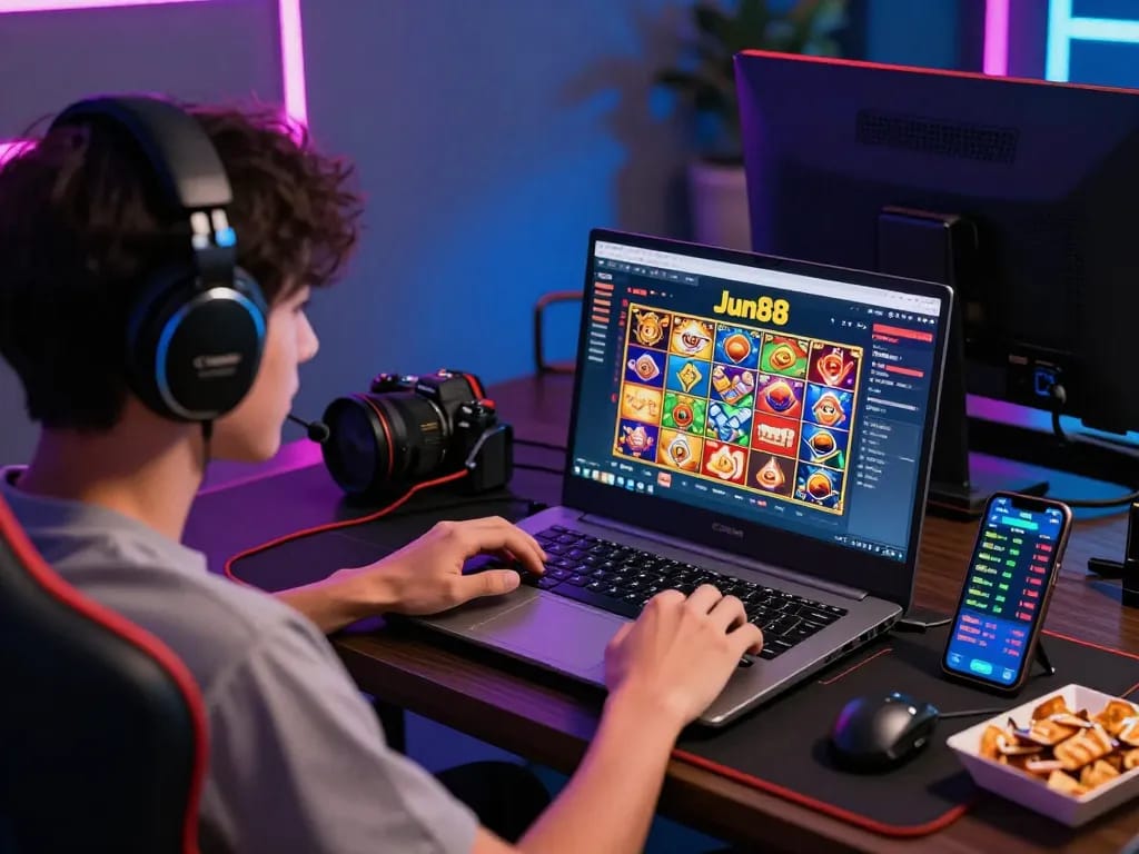 Player enjoying exciting online gaming on Jun88 platform with vibrant graphics.