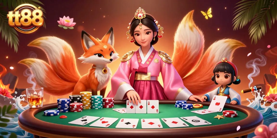 Experience captivating gameplay at tt88 with a vibrant poker scene featuring a graceful Asian woman and lucky fox.