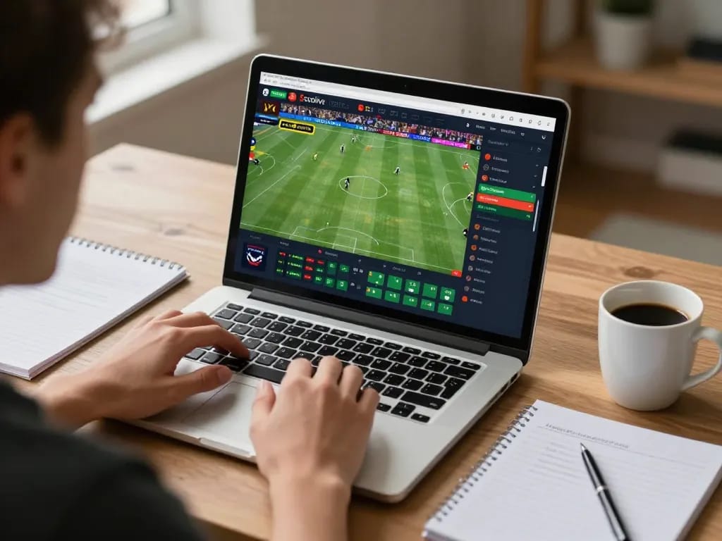 Socolive betting on live sports matches with user focused on laptop and strategy notes