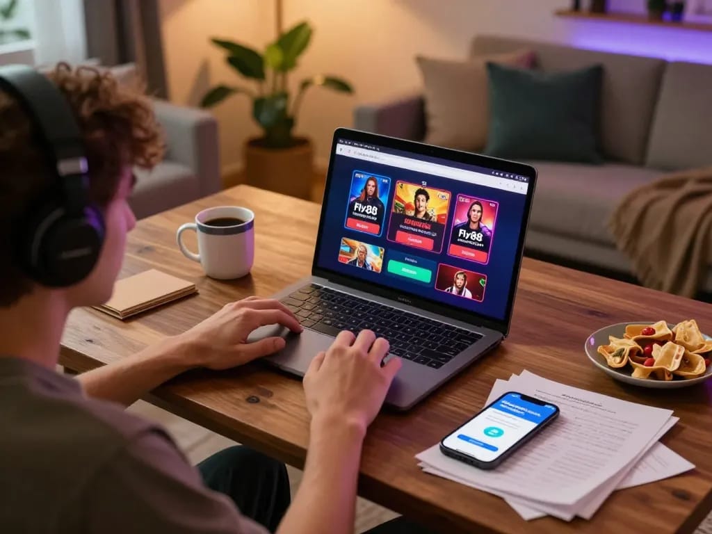 Experience fly88 gaming strategy with a cozy home setup featuring a laptop and smartphone for interactive betting.