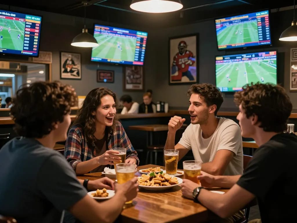 Friends discussing kèo nhà cái in a lively sports betting bar, excited atmosphere with multiple screens.