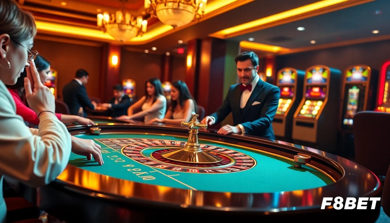 Experience thrilling gameplay at F8BET's luxurious casino with poker chips and roulette.