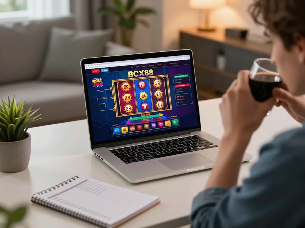 Engaged player strategizing bets on BCX88 online casino interface in a cozy home setting.