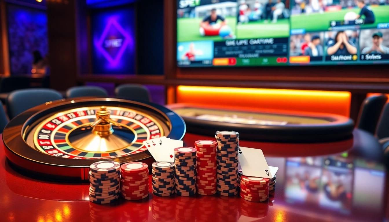 Engaging SP8BET online gambling scene featuring a roulette wheel and poker setup.