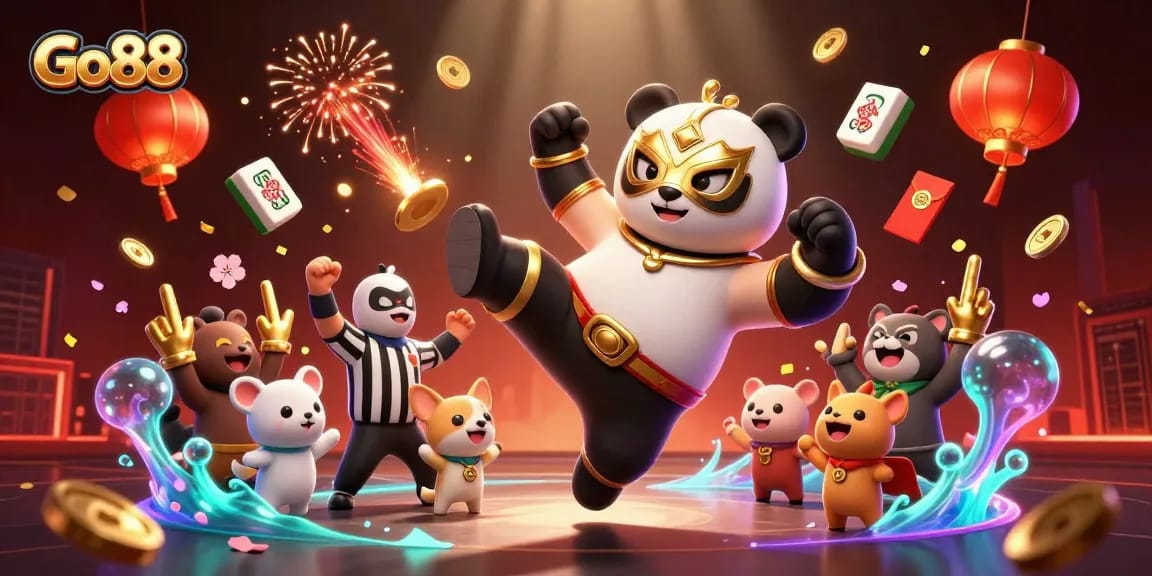 Engage with Go88's thrilling action featuring a panda wrestler, chihuahua referee, and animated casino elements.