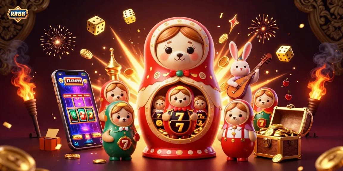 Engage with RR88's vibrant casino experience featuring Matryoshka bear dealers, jackpot slots, and festive gaming elements.