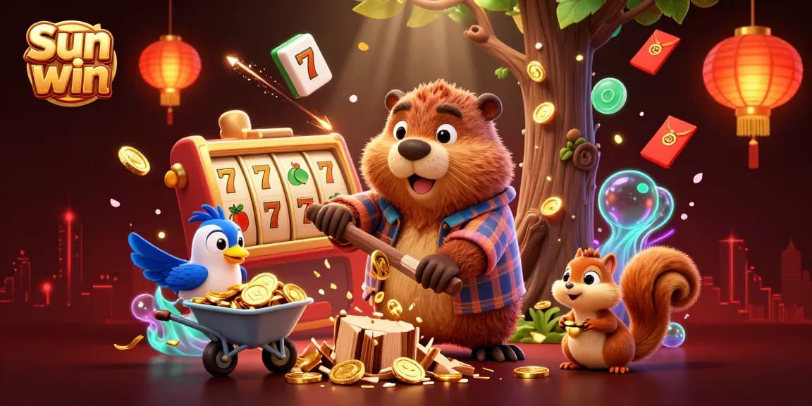 Experience Sun win with golden coins raining from a chopping beaver as vibrant casino elements surround.