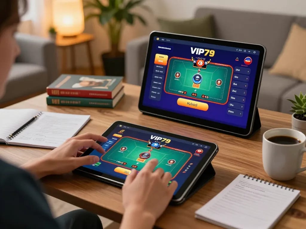 Player enjoying vip79 online casino on tablet in cozy home setting with strategy notes.