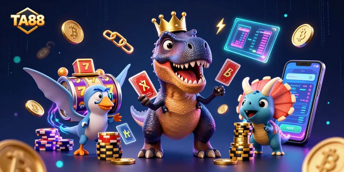 TA88 showcases a playful T-Rex and friends celebrating casino wins with crypto elements.