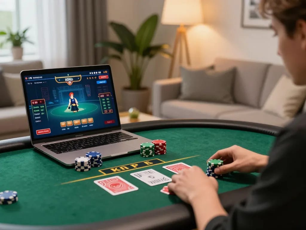 Player enjoying ALO8 live dealer blackjack on a sleek laptop at home, engaging in strategic gameplay.