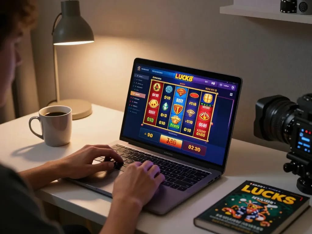 Gaming online at luck8, showing the player immersed in casino gameplay on a laptop