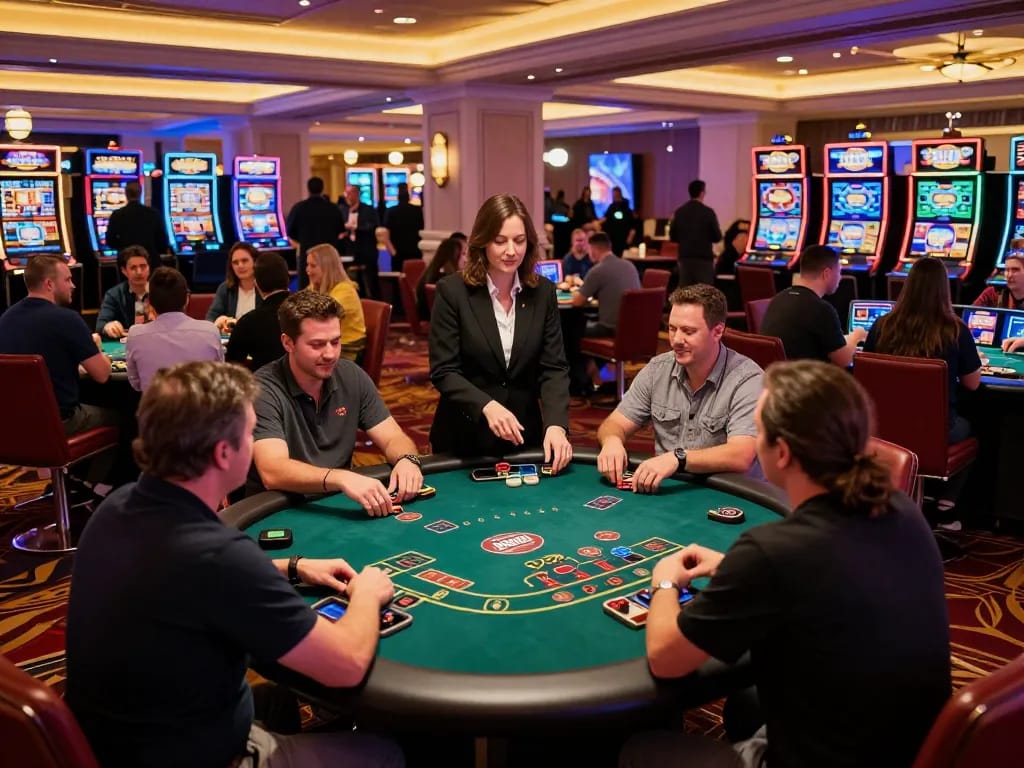 MM88 players enjoying blackjack at a vibrant casino table with a dynamic atmosphere