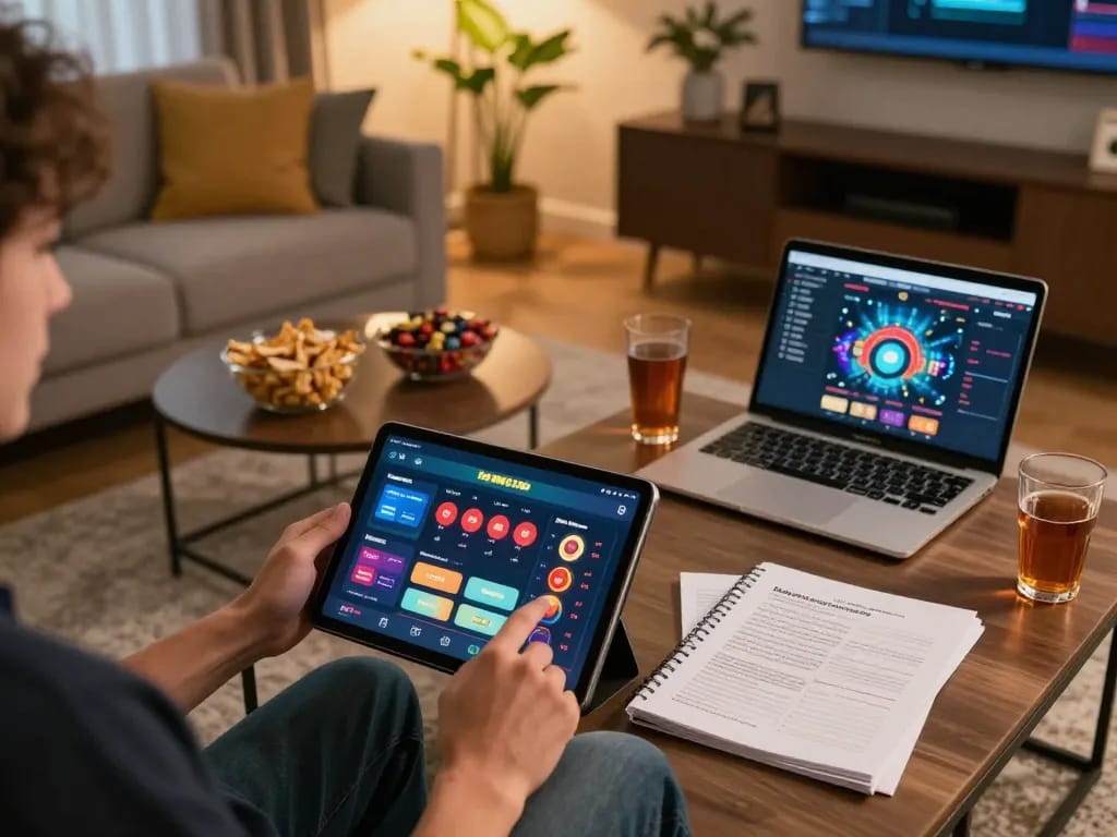 Player engages with the go8 casino app in a cozy environment, balancing home comforts with gaming activities