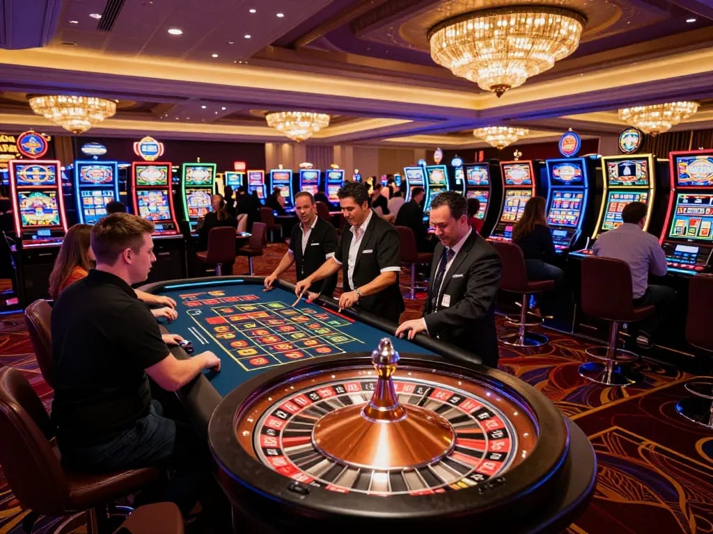 C168 players placing bets at a roulette table in a lively Las Vegas casino
