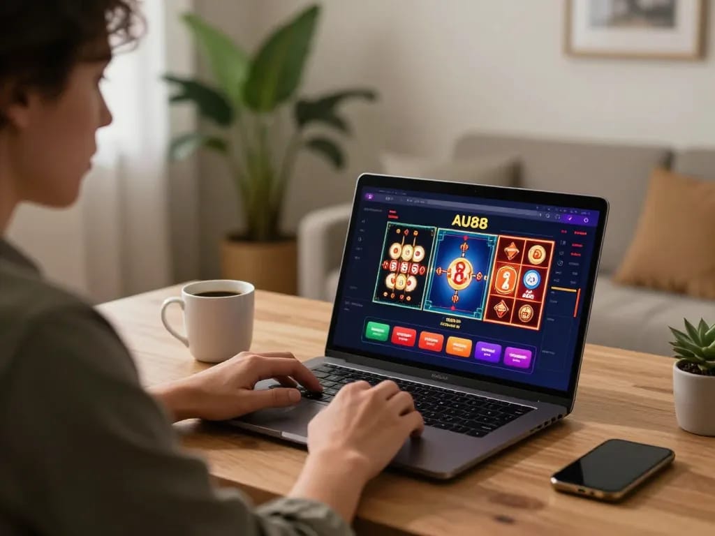 Player enjoying AU88 online casino gaming on a cozy home setup, focusing on strategy and engagement
