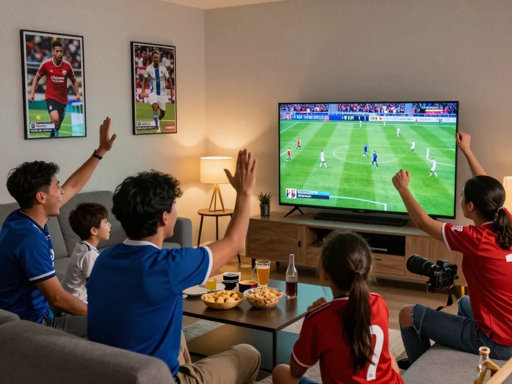 Okwintv fans enjoying a thrilling live football match in a cozy living room, surrounded by snacks and team spirit.