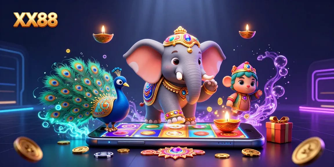 XX88 slots adventure with a dazzling elephant and peacock amidst colorful casino elements