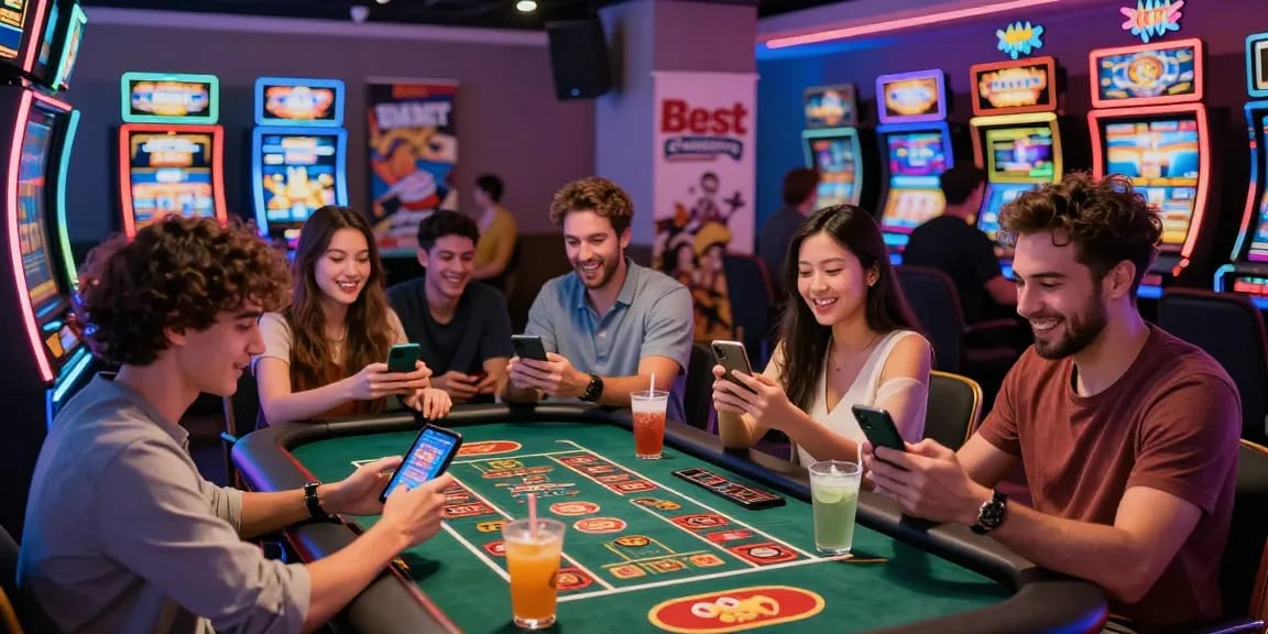 Excited friends enjoying gaming at the best casinos not on GamStop in a lively casino lounge.