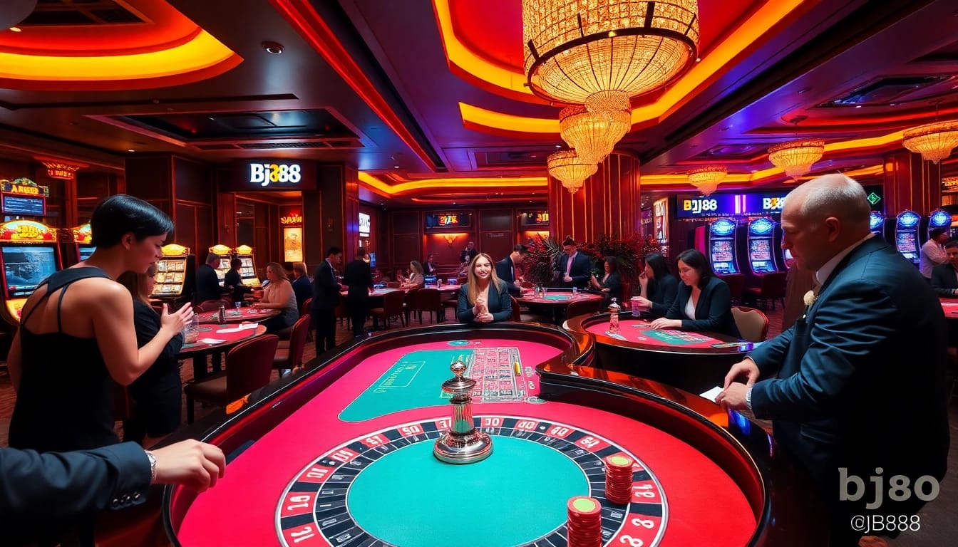 Engaging gamblers at a luxurious BJ88 casino table with roulette, chips, and excitement.