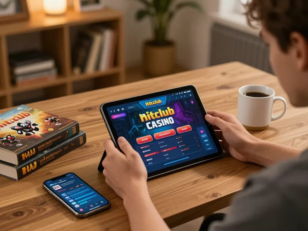 Player strategizing using hitclub tablet in cozy home environment for online gaming.