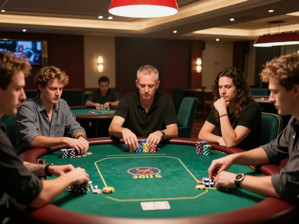 Players immersed in high-stakes Jili games at a luxurious poker table in an upscale casino.