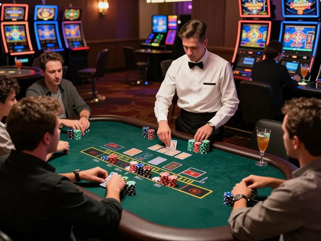 Go88 players engaging in an exciting blackjack game with colorful chips and an attentive dealer.