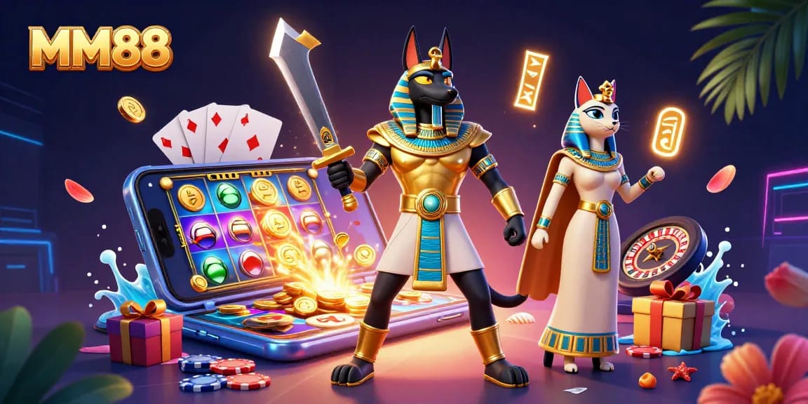 Experience the thrill of MM88 with ancient warriors and casino excitement in vibrant detail.