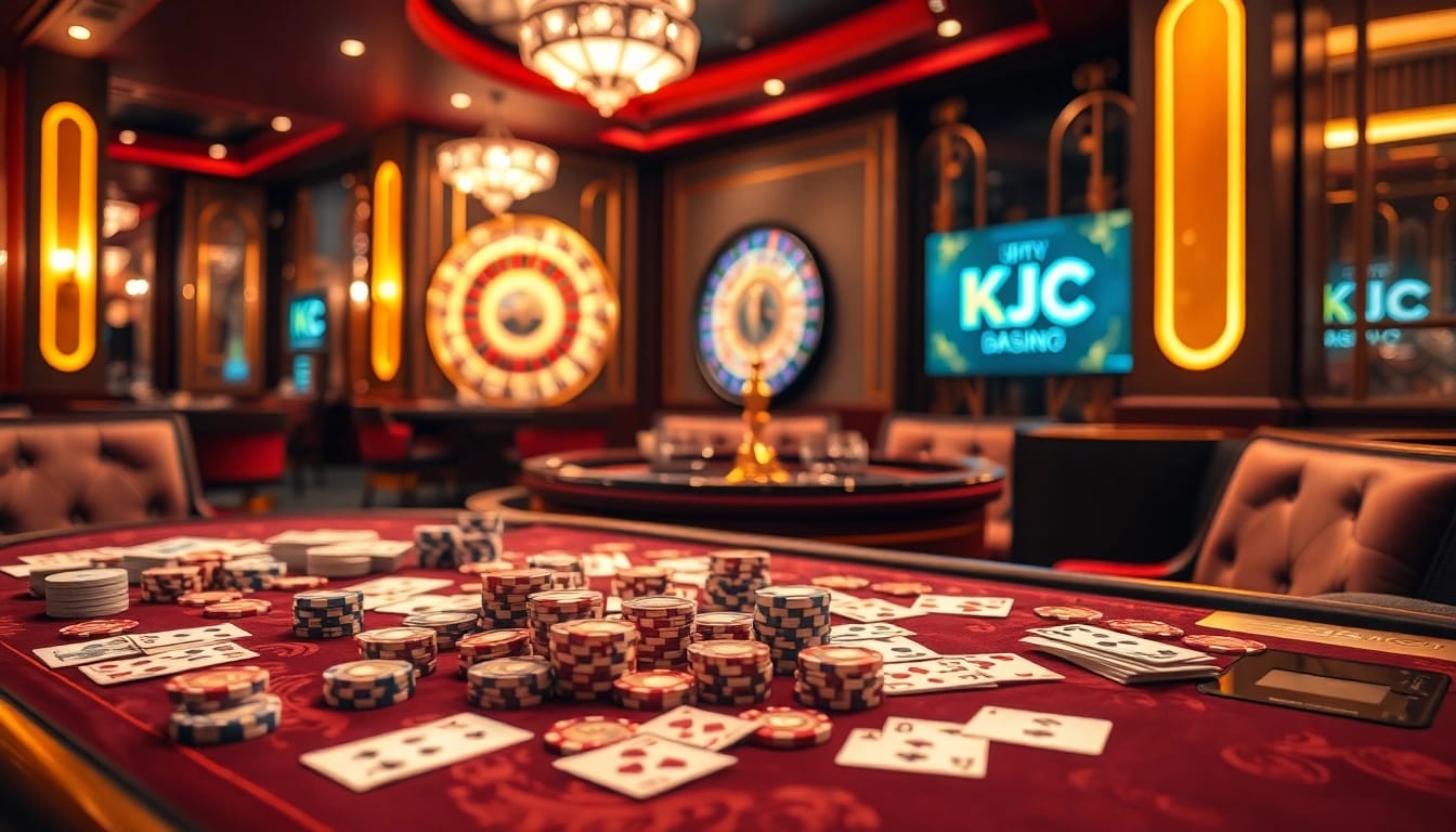KJC casino gaming table with poker chips and roulette wheel, showcasing luxury and excitement.