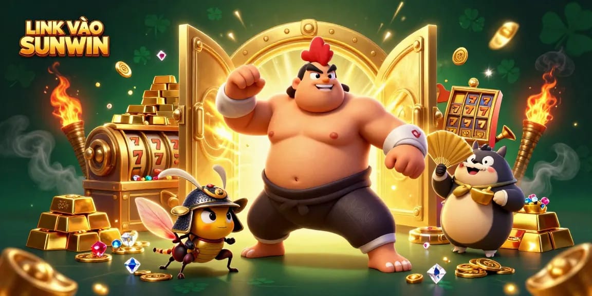 Experience excitement with LINK VÀO SUNWIN, showcasing gold slots and vibrant characters in a thrilling casino environment.
