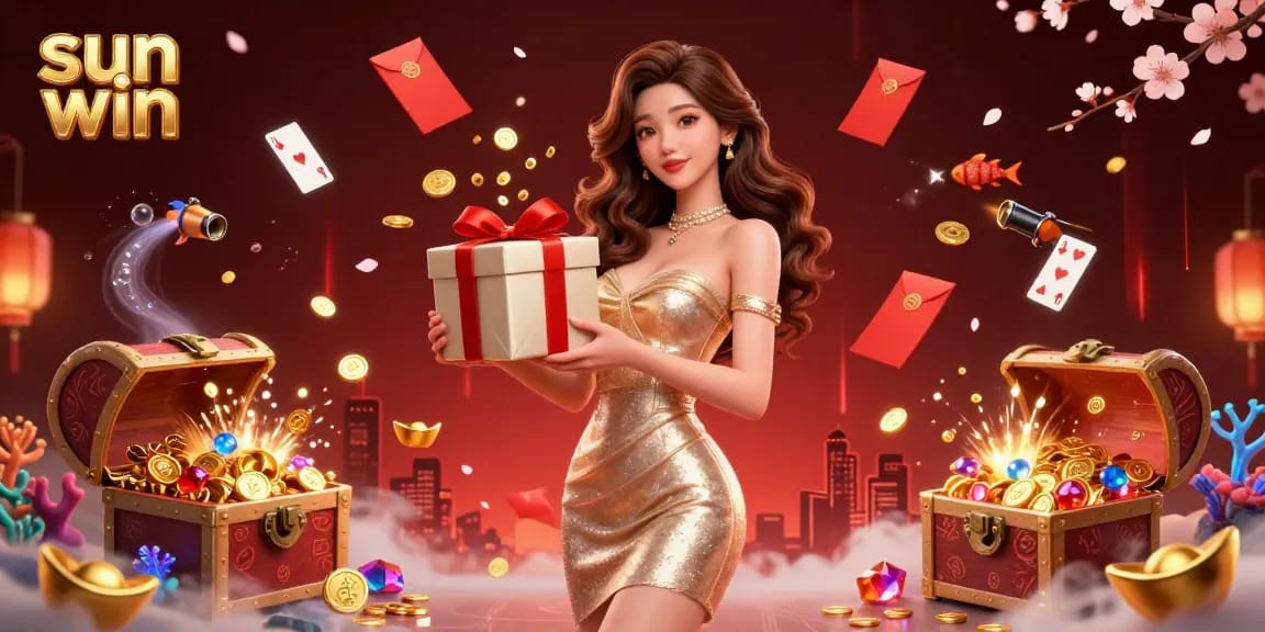 Engage with sun win's exciting casino experience filled with shimmering coins, festive decorations, and vibrant gameplay.