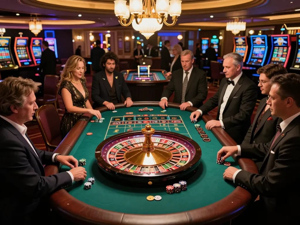 Players engaging with a roulette table at an upscale casino, embodying the thrill of 7m gaming.