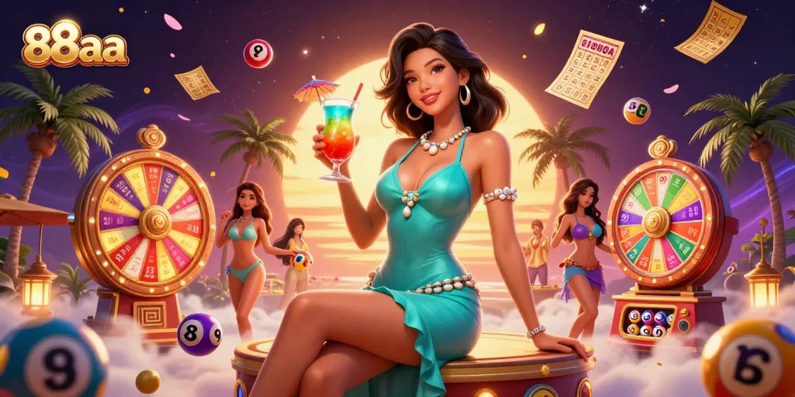 Experience dynamic 88aa gameplay: vibrant casino scene with lottery elements and prizes.