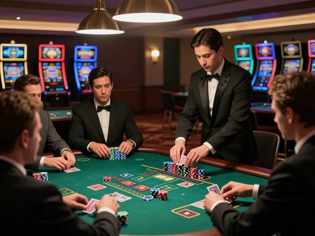 F8bet players intensely strategizing during high-stakes blackjack game at elegant casino table