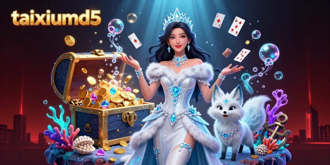 Join the taixiumd5 adventure with a stunning ice queen and her arctic fox companion as they play in a dazzling casino.