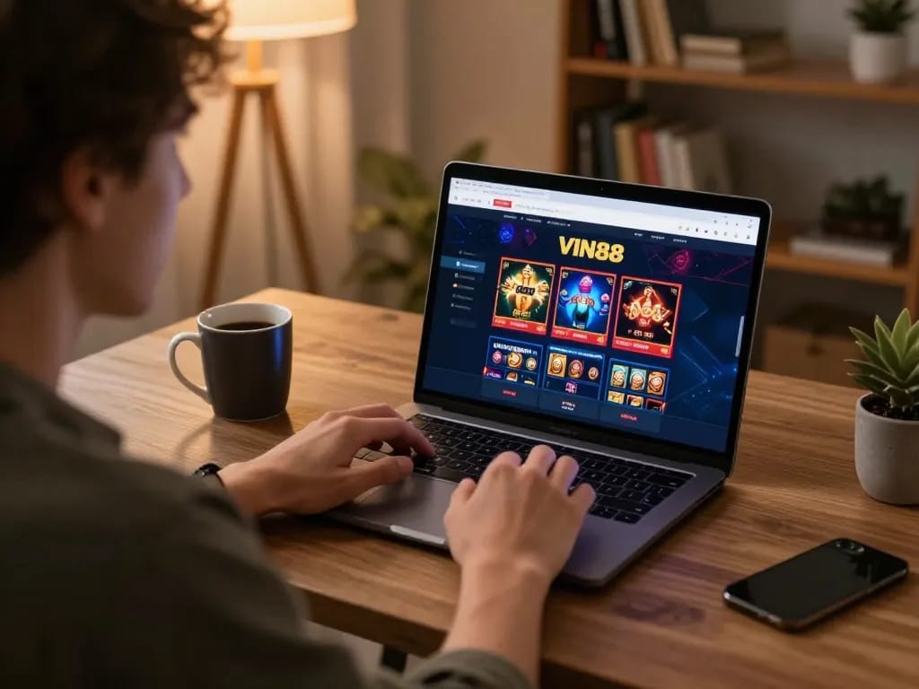 Engaging in online betting at VIN88 casino, showcasing a cozy home gaming setup.