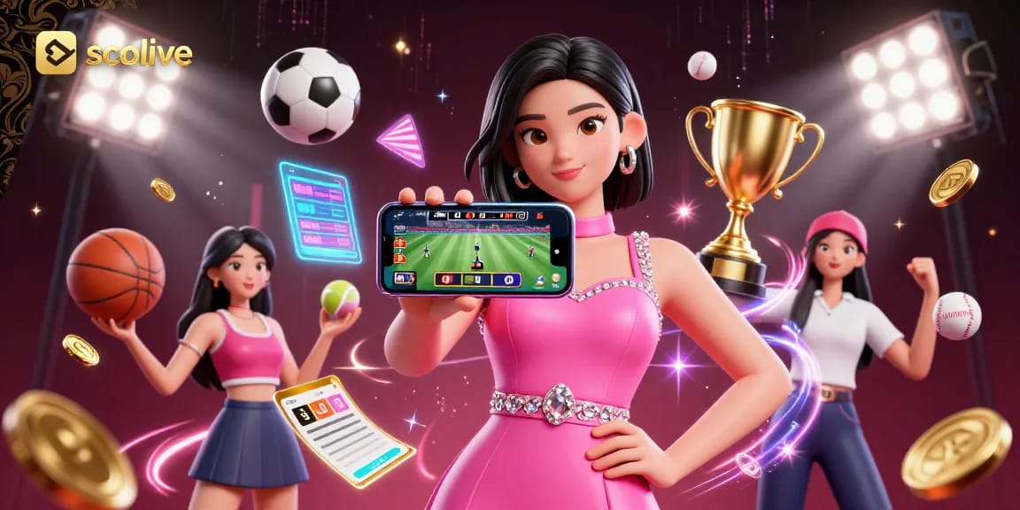 Socolive offers an engaging live betting experience with sports elements dynamically surrounding a confident player in a vibrant setting.