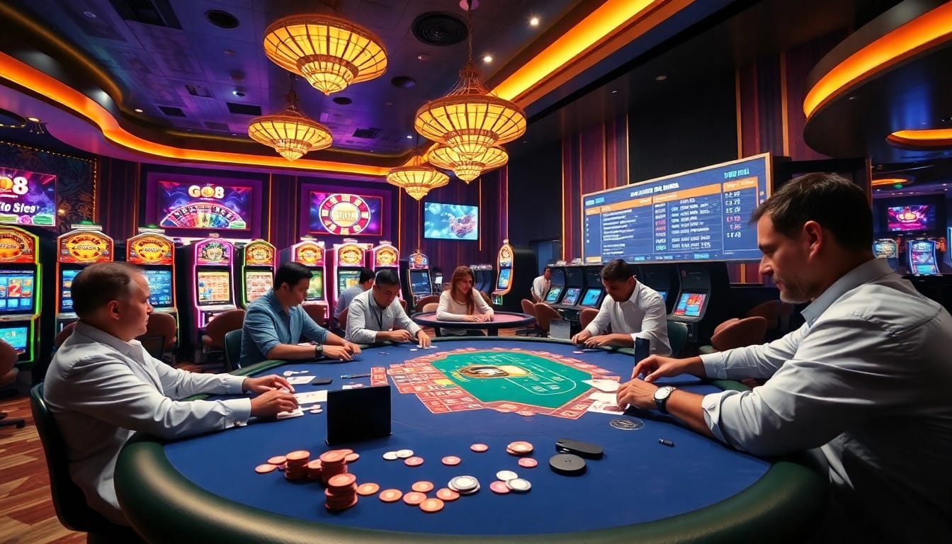 Players enjoying a thrilling GO8 gambling experience at a luxurious casino table.