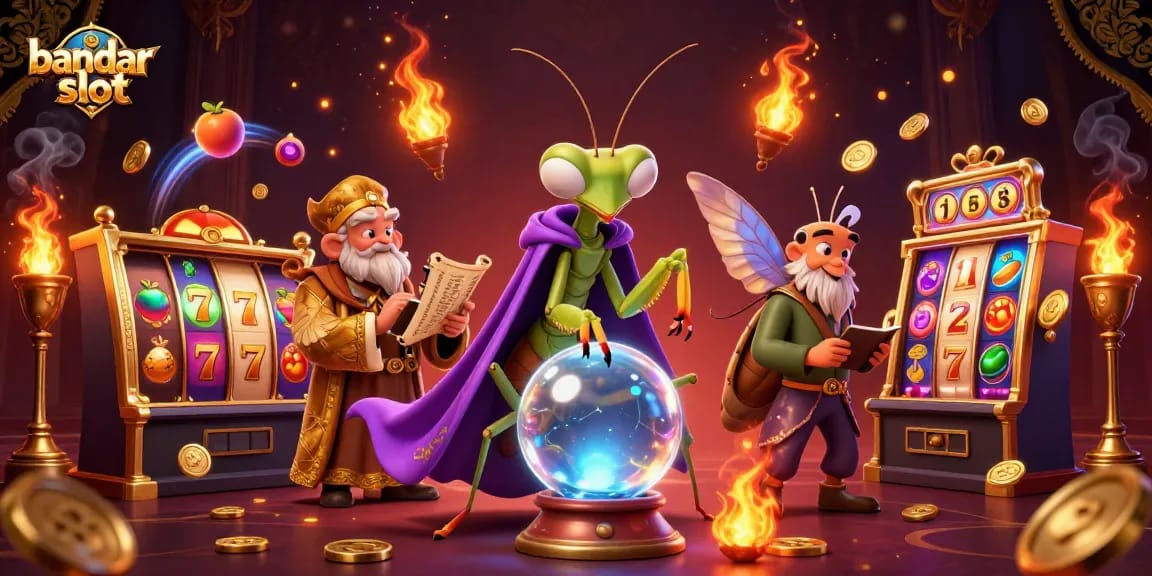 Experience thrilling bandar slot gaming with vibrant jackpot reels and captivating fortune teller characters.